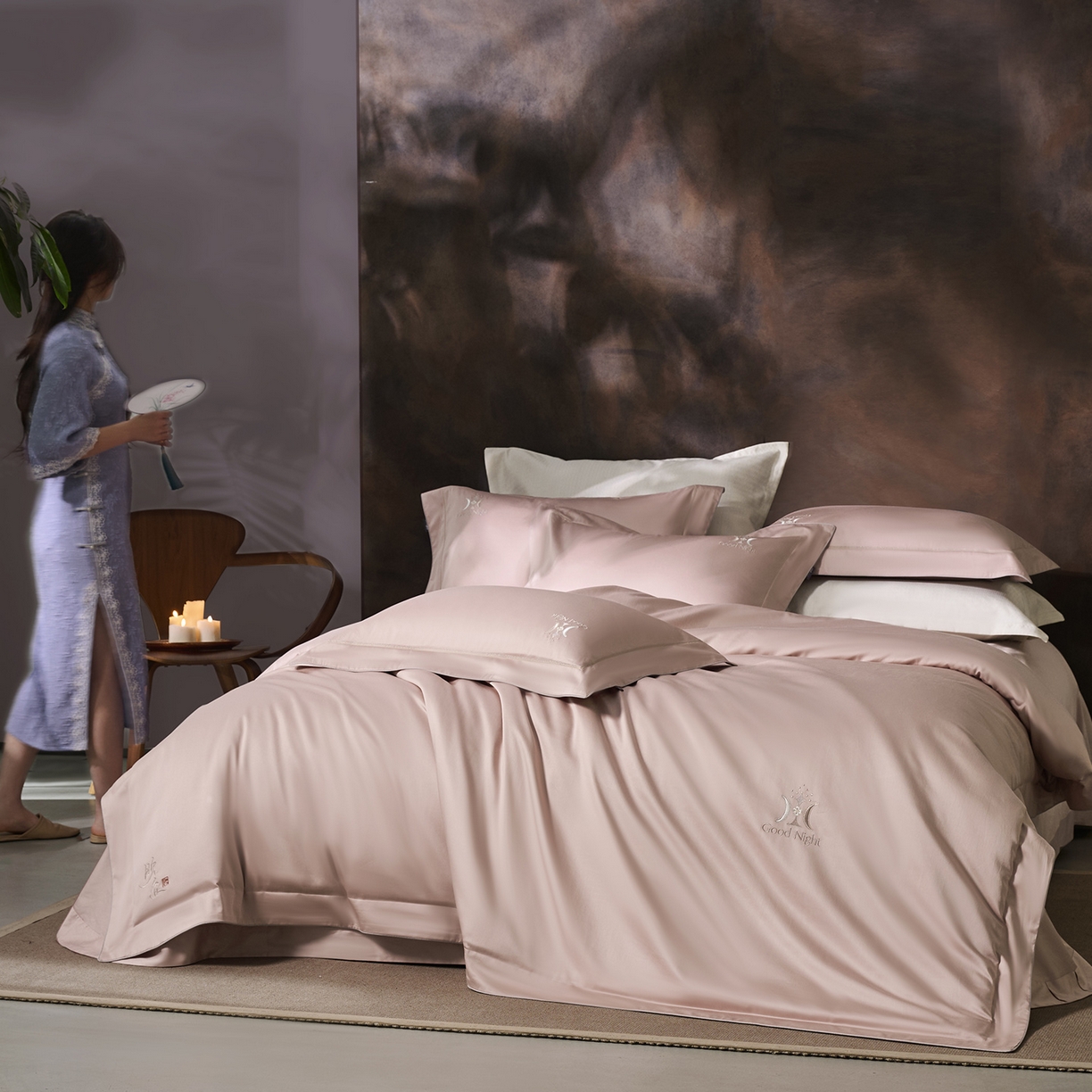 91家纺网 家纺一手货源 找家纺 玖玖爱家纺 2026新款奢织黄金长绒棉四件套晚安好梦系列 仙女粉