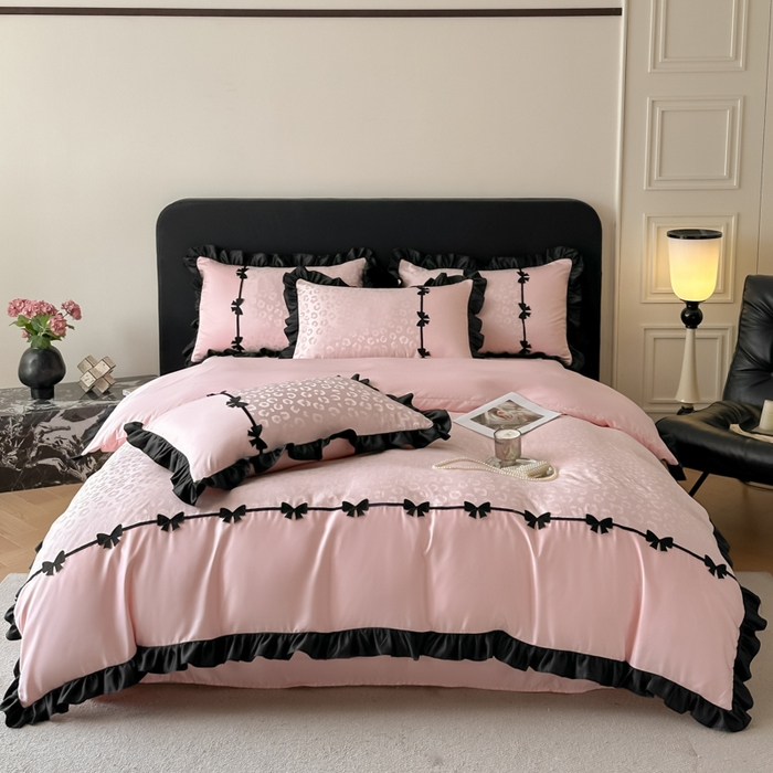 91家纺网 家纺一手货源 找家纺 首尔家纺 2026新款水洗真丝拼接款豹纹提花四件套 豹纹-公主粉