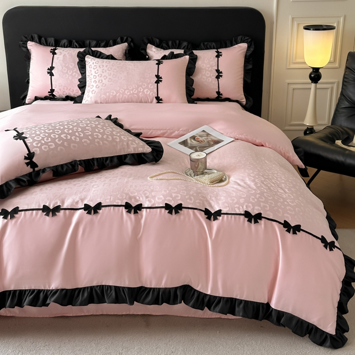 91家纺网 家纺一手货源 找家纺 首尔家纺 2026新款水洗真丝拼接款豹纹提花四件套 豹纹-公主粉