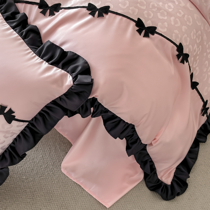 91家纺网 家纺一手货源 找家纺 首尔家纺 2026新款水洗真丝拼接款豹纹提花四件套 豹纹-公主粉