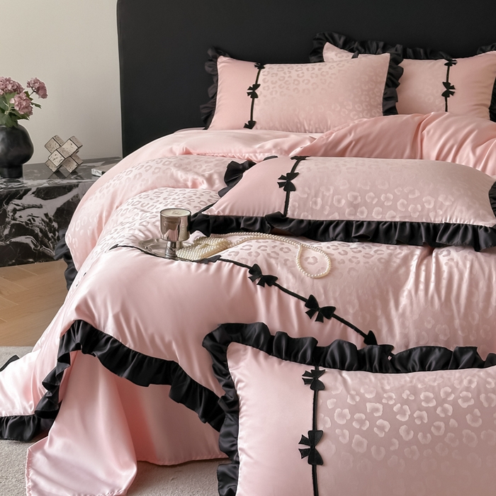 91家纺网 家纺一手货源 找家纺 首尔家纺 2026新款水洗真丝拼接款豹纹提花四件套 豹纹-公主粉