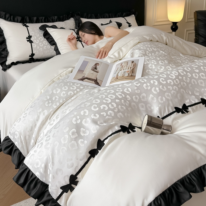 首尔家纺 2026新款水洗真丝拼接款豹纹提花四件套 豹纹-米白