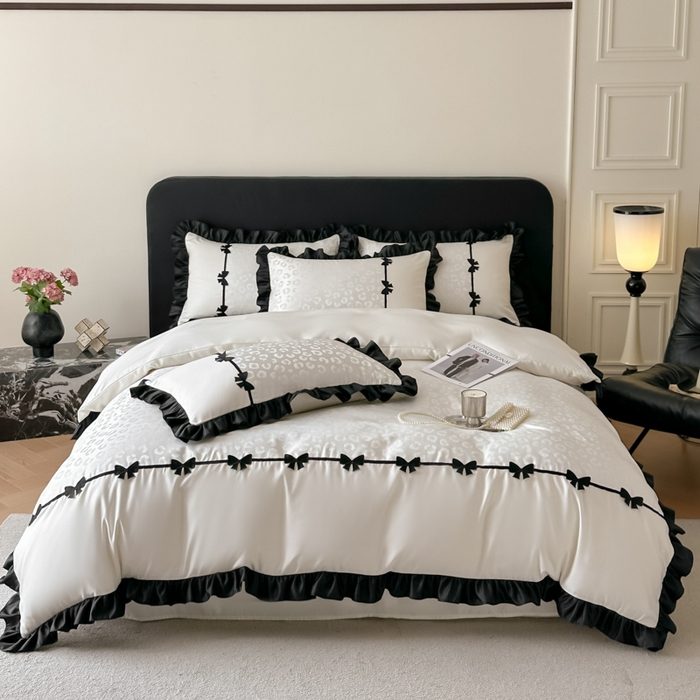 91家纺网 家纺一手货源 找家纺 首尔家纺 2026新款水洗真丝拼接款豹纹提花四件套 豹纹-米白