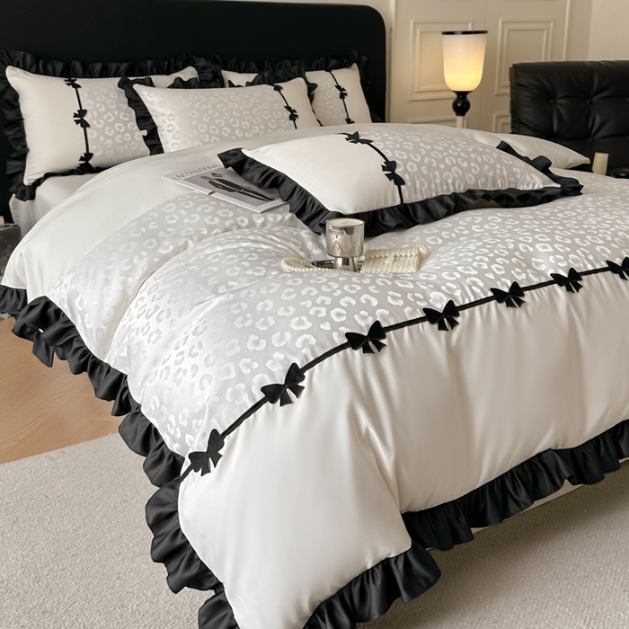 91家纺网 家纺一手货源 找家纺 首尔家纺 2026新款水洗真丝拼接款豹纹提花四件套 豹纹-米白