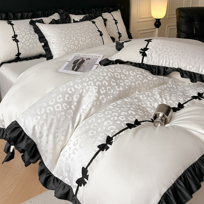 91家纺网 家纺一手货源 找家纺 首尔家纺 2026新款水洗真丝拼接款豹纹提花四件套 豹纹-米白