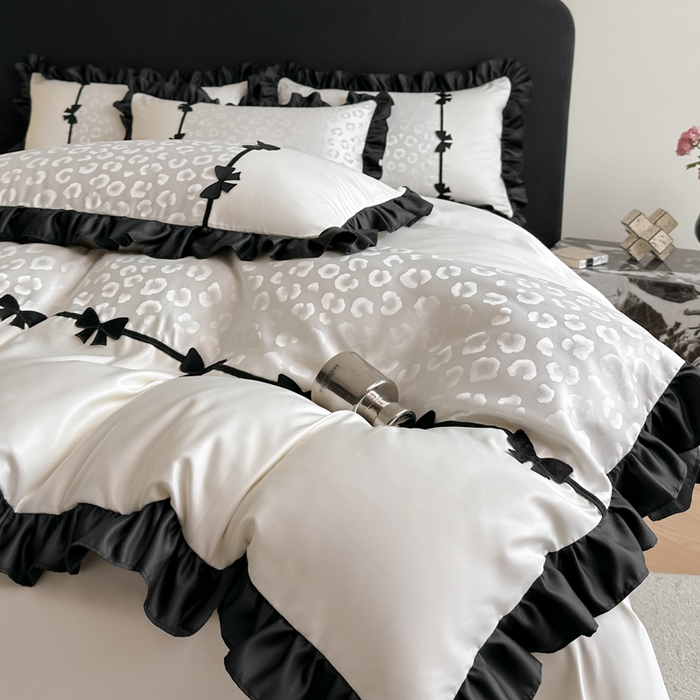 91家纺网 家纺一手货源 找家纺 首尔家纺 2026新款水洗真丝拼接款豹纹提花四件套 豹纹-米白