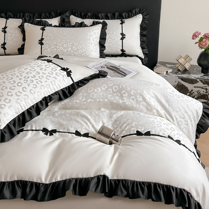 91家纺网 家纺一手货源 找家纺 首尔家纺 2026新款水洗真丝拼接款豹纹提花四件套 豹纹-米白