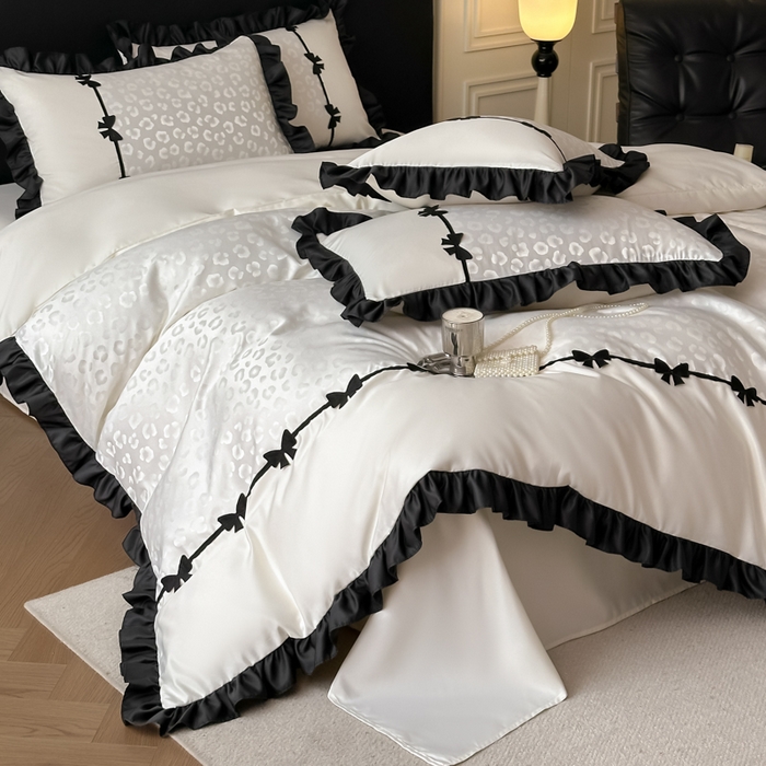 91家纺网 家纺一手货源 找家纺 首尔家纺 2026新款水洗真丝拼接款豹纹提花四件套 豹纹-米白