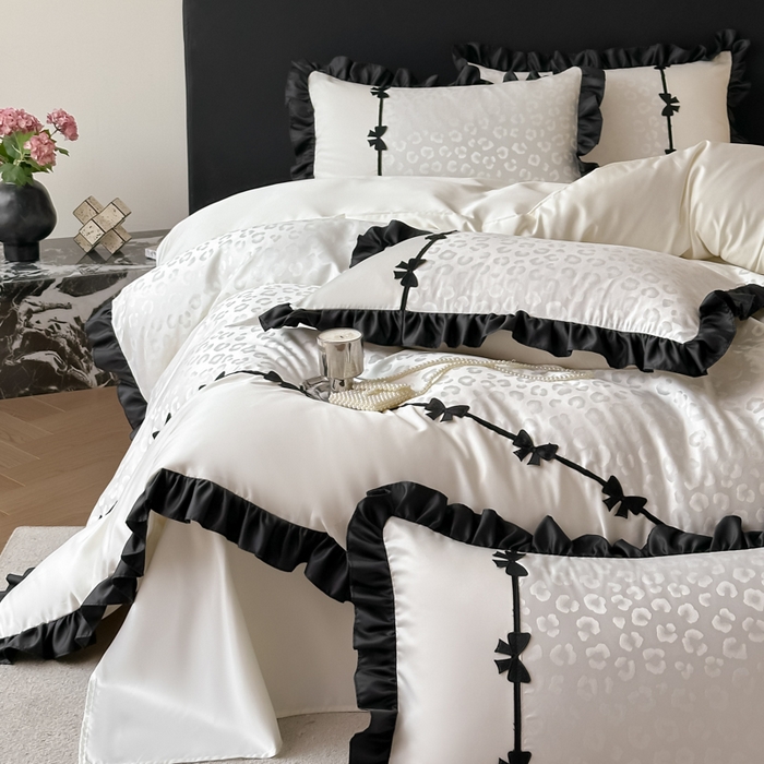 91家纺网 家纺一手货源 找家纺 首尔家纺 2026新款水洗真丝拼接款豹纹提花四件套 豹纹-米白