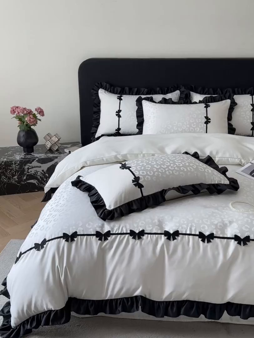 91家纺网 家纺一手货源 找家纺 首尔家纺 2026新款水洗真丝拼接款豹纹提花四件套 豹纹-米白