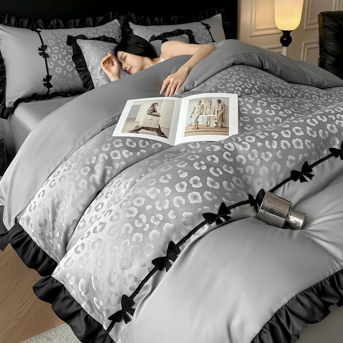 首尔家纺 2026新款水洗真丝拼接款豹纹提花四件套 豹纹-高级灰