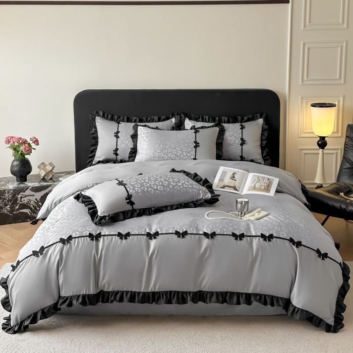 91家纺网 家纺一手货源 找家纺 首尔家纺 2026新款水洗真丝拼接款豹纹提花四件套 豹纹-高级灰