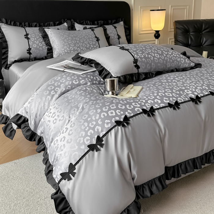 91家纺网 家纺一手货源 找家纺 首尔家纺 2026新款水洗真丝拼接款豹纹提花四件套 豹纹-高级灰