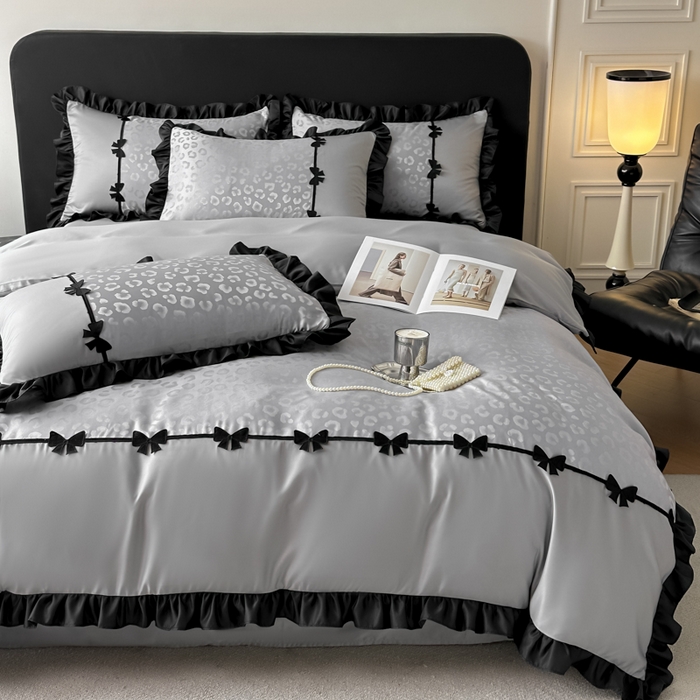 91家纺网 家纺一手货源 找家纺 首尔家纺 2026新款水洗真丝拼接款豹纹提花四件套 豹纹-高级灰