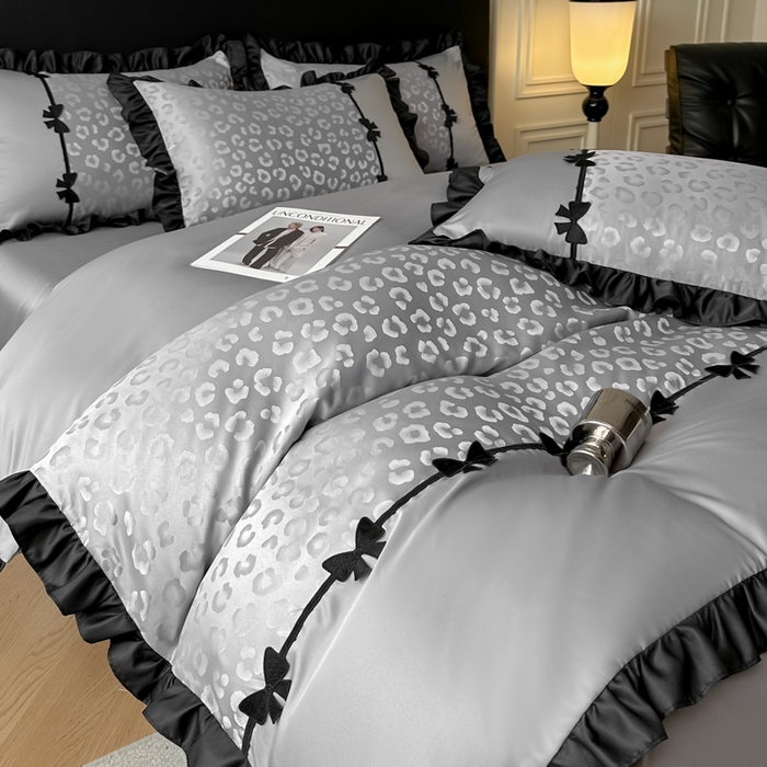 91家纺网 家纺一手货源 找家纺 首尔家纺 2026新款水洗真丝拼接款豹纹提花四件套 豹纹-高级灰