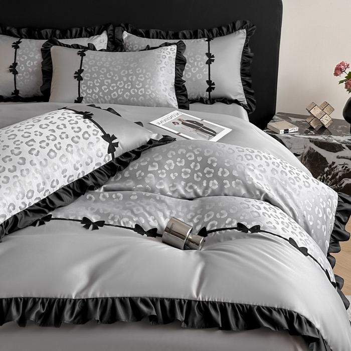 91家纺网 家纺一手货源 找家纺 首尔家纺 2026新款水洗真丝拼接款豹纹提花四件套 豹纹-高级灰