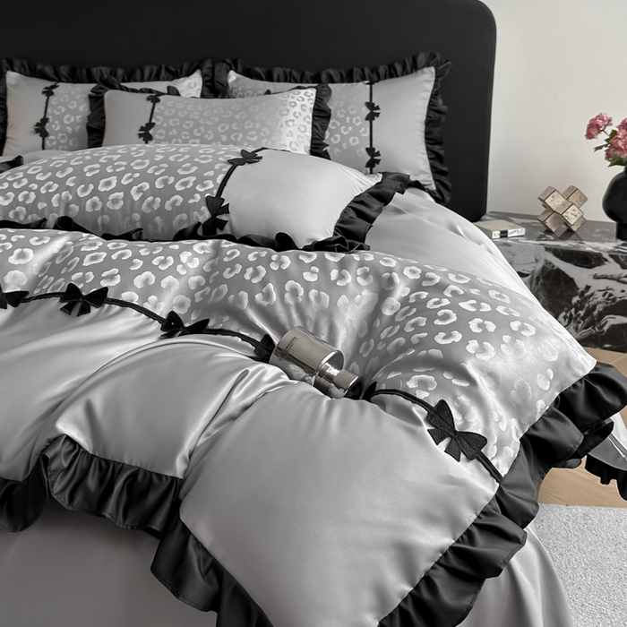 91家纺网 家纺一手货源 找家纺 首尔家纺 2026新款水洗真丝拼接款豹纹提花四件套 豹纹-高级灰