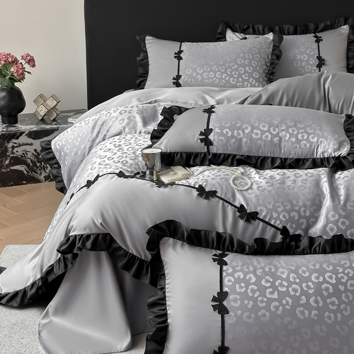 91家纺网 家纺一手货源 找家纺 首尔家纺 2026新款水洗真丝拼接款豹纹提花四件套 豹纹-高级灰