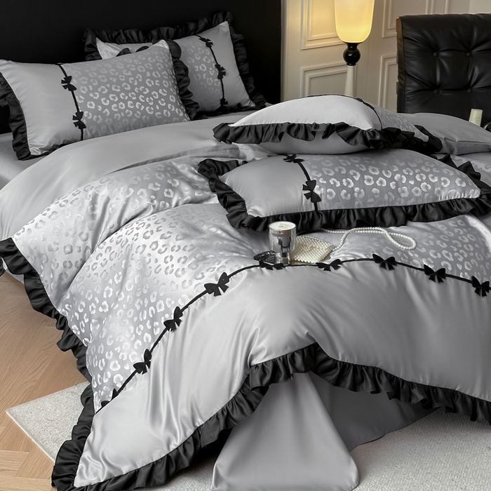 91家纺网 家纺一手货源 找家纺 首尔家纺 2026新款水洗真丝拼接款豹纹提花四件套 豹纹-高级灰