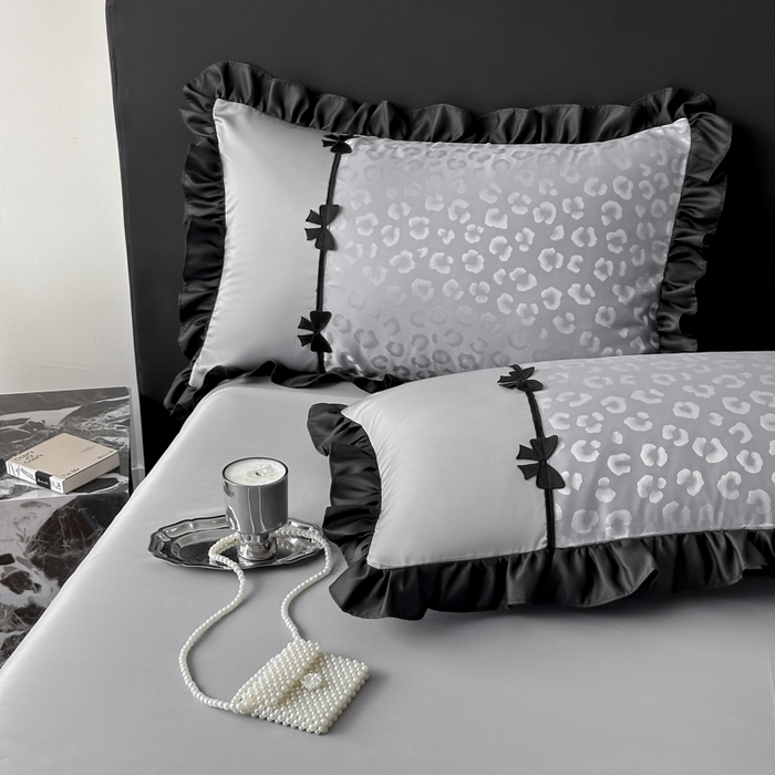 91家纺网 家纺一手货源 找家纺 首尔家纺 2026新款水洗真丝拼接款豹纹提花四件套 豹纹-高级灰