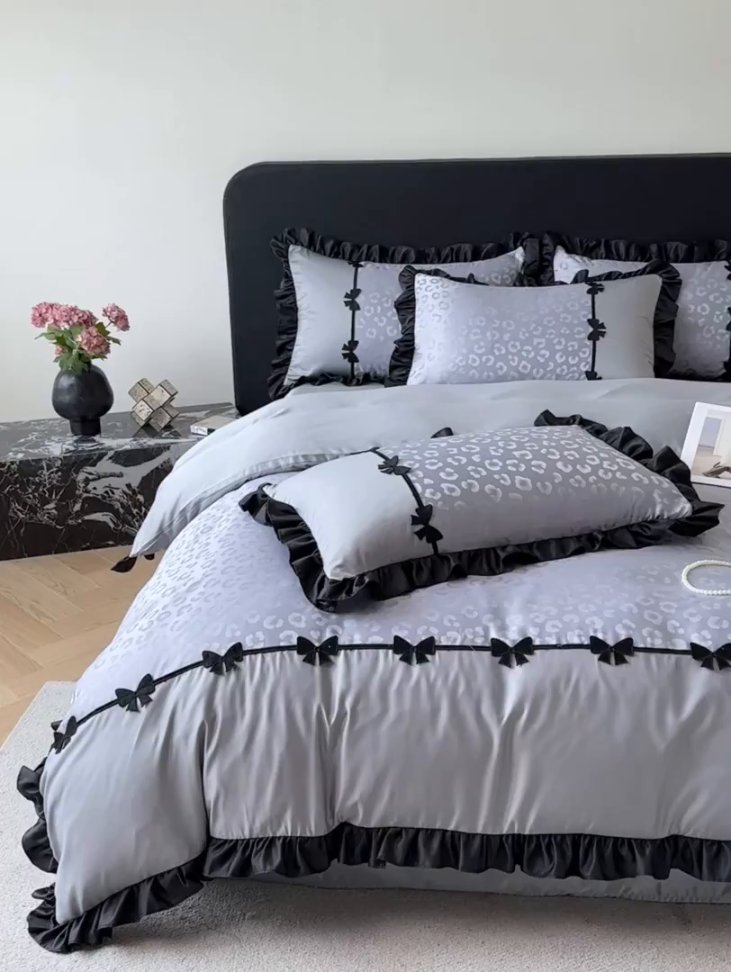 91家纺网 家纺一手货源 找家纺 首尔家纺 2026新款水洗真丝拼接款豹纹提花四件套 豹纹-高级灰