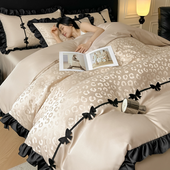 首尔家纺 2026新款水洗真丝拼接款豹纹提花四件套 豹纹-香槟