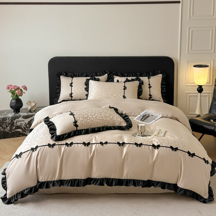 91家纺网 家纺一手货源 找家纺 首尔家纺 2026新款水洗真丝拼接款豹纹提花四件套 豹纹-香槟