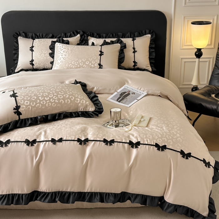 91家纺网 家纺一手货源 找家纺 首尔家纺 2026新款水洗真丝拼接款豹纹提花四件套 豹纹-香槟