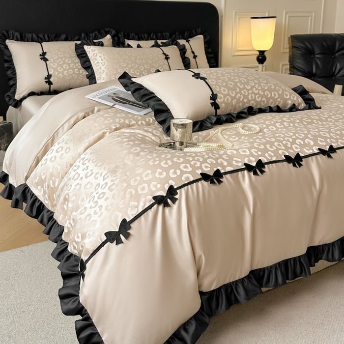 91家纺网 家纺一手货源 找家纺 首尔家纺 2026新款水洗真丝拼接款豹纹提花四件套 豹纹-香槟