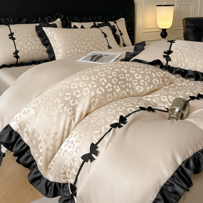 91家纺网 家纺一手货源 找家纺 首尔家纺 2026新款水洗真丝拼接款豹纹提花四件套 豹纹-香槟