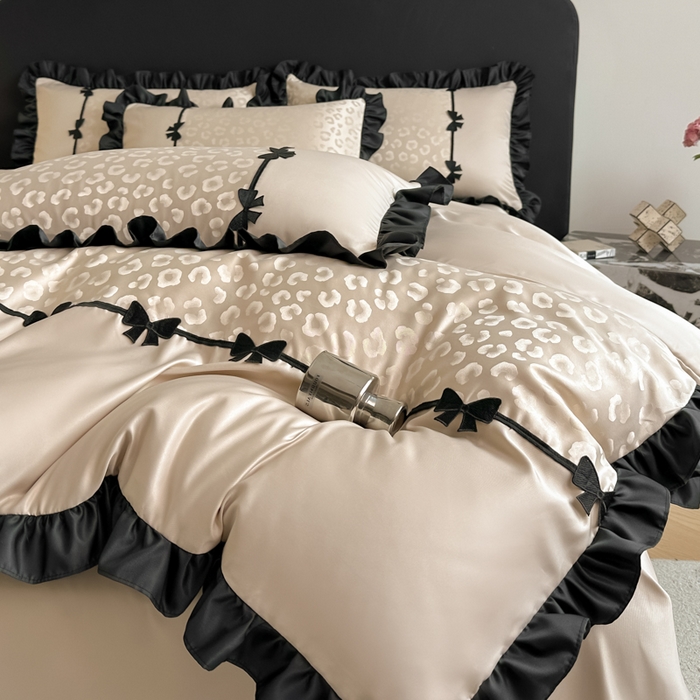 91家纺网 家纺一手货源 找家纺 首尔家纺 2026新款水洗真丝拼接款豹纹提花四件套 豹纹-香槟