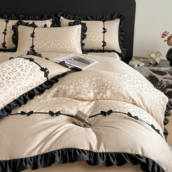 91家纺网 家纺一手货源 找家纺 首尔家纺 2026新款水洗真丝拼接款豹纹提花四件套 豹纹-香槟