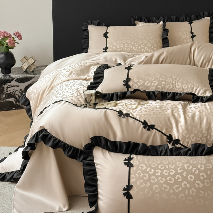 91家纺网 家纺一手货源 找家纺 首尔家纺 2026新款水洗真丝拼接款豹纹提花四件套 豹纹-香槟