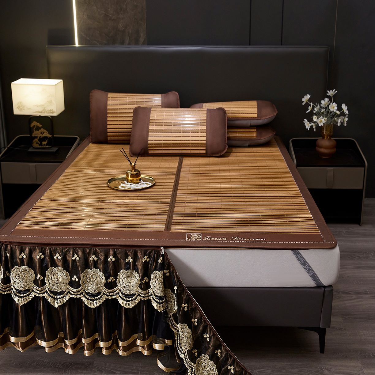 91家纺网 家纺一手货源 找家纺 罗艺轩 2026春夏新款可拆卸床裙凉感竹席凉席席子-竹之韵（控价238/248/258/268起） 竹之韵-咖色