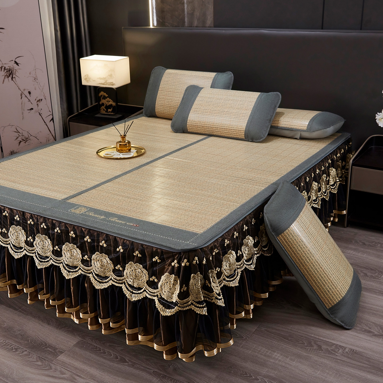 91家纺网 家纺一手货源 找家纺 罗艺轩 2026春夏新款可拆卸床裙凉感竹席凉席席子-竹之韵（控价238/248/258/268起） 竹之韵-灰