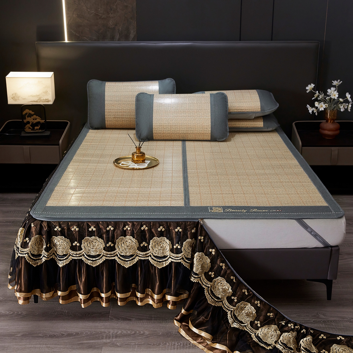 91家纺网 家纺一手货源 找家纺 罗艺轩 2026春夏新款可拆卸床裙凉感竹席凉席席子-竹之韵（控价238/248/258/268起） 竹之韵-灰