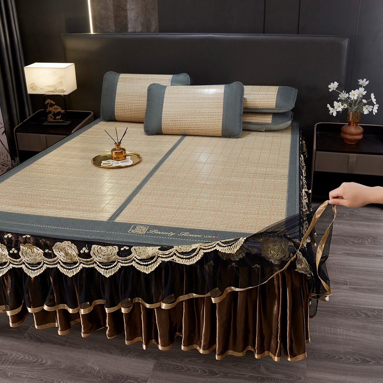 91家纺网 家纺一手货源 找家纺 罗艺轩 2026春夏新款可拆卸床裙凉感竹席凉席席子-竹之韵（控价238/248/258/268起） 竹之韵-灰