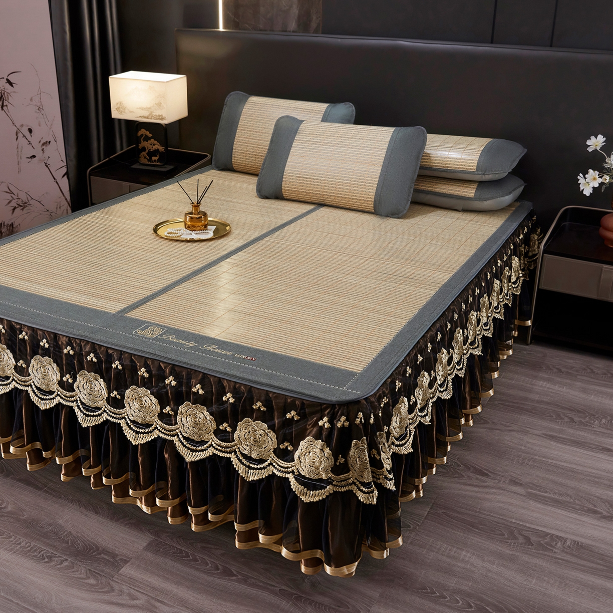 91家纺网 家纺一手货源 找家纺 罗艺轩 2026春夏新款可拆卸床裙凉感竹席凉席席子-竹之韵（控价238/248/258/268起） 竹之韵-灰