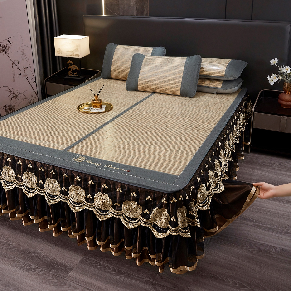 91家纺网 家纺一手货源 找家纺 罗艺轩 2026春夏新款可拆卸床裙凉感竹席凉席席子-竹之韵（控价238/248/258/268起） 竹之韵-灰