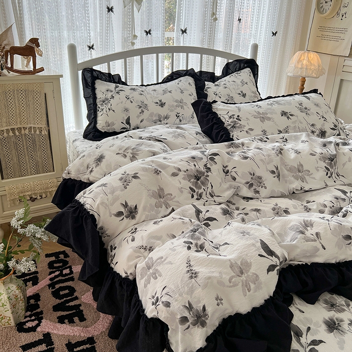 91家纺网 家纺一手货源 找家纺 （总）金梦拉家纺 2026新款皱皱纱泡泡纱法式赫本系列床盖大花边四件套夏被四件套