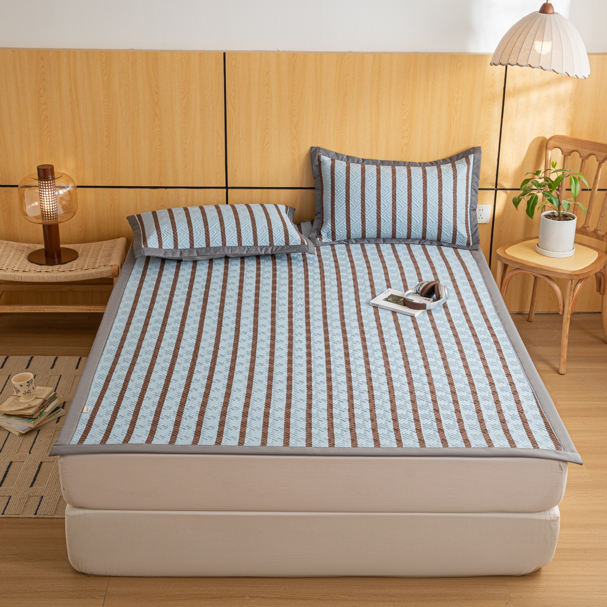 91家纺网 家纺一手货源 找家纺 简宜家居（朝初家纺） 2026新款纯棉老粗布夏季凉席席子 粗条-蓝