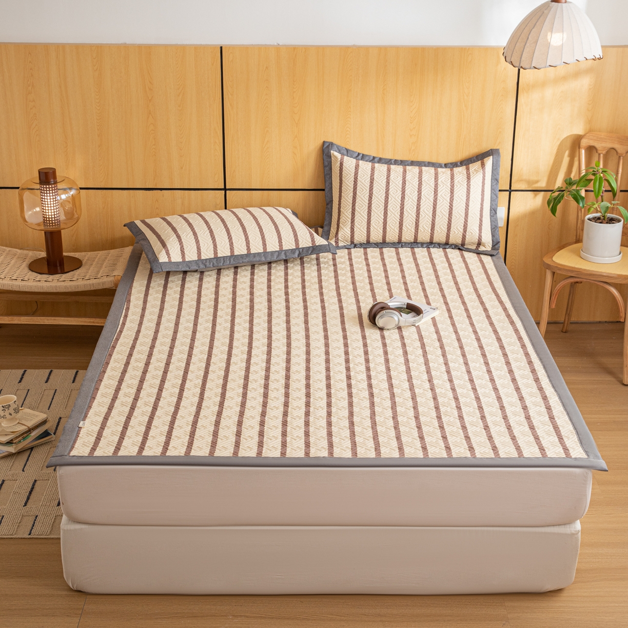 91家纺网 家纺一手货源 找家纺 简宜家居（朝初家纺） 2026新款纯棉老粗布夏季凉席席子 粗条-浅紫