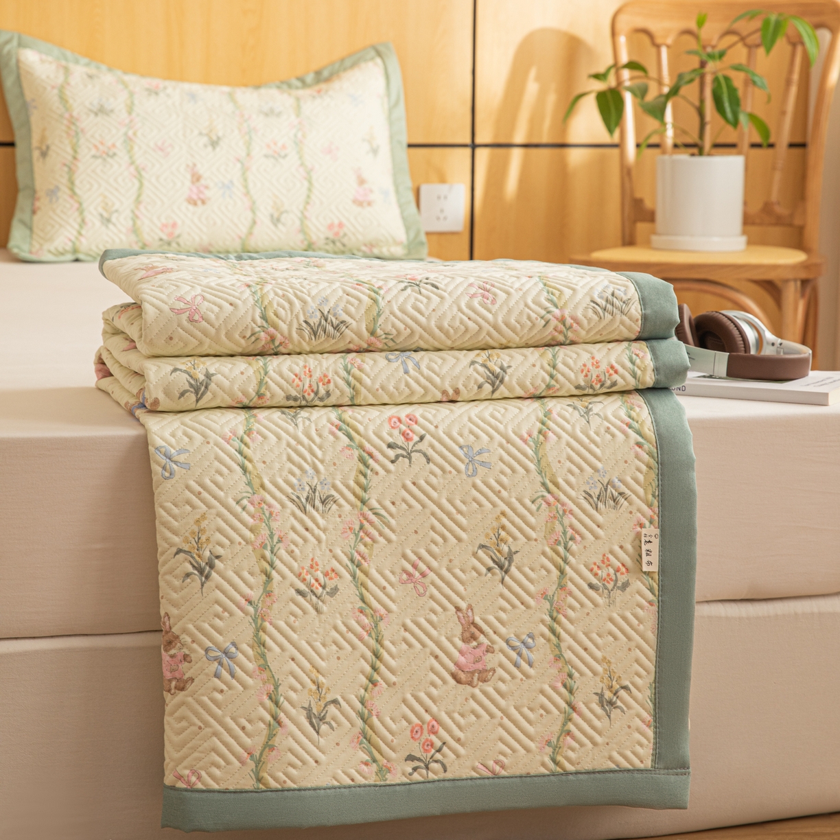 91家纺网 家纺一手货源 找家纺 简宜家居（朝初家纺） 2026新款纯棉老粗布夏季凉席席子 花间兔影