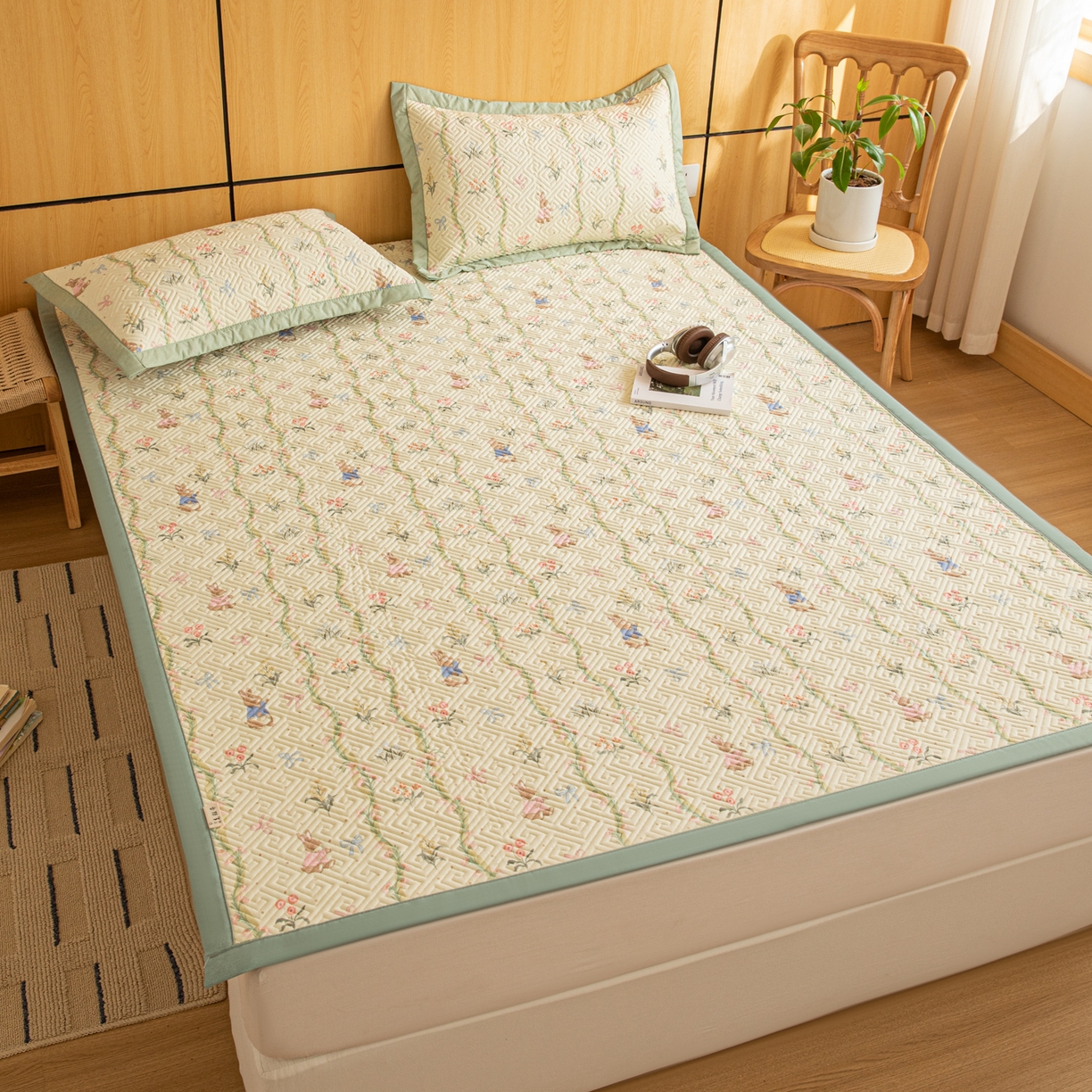 91家纺网 家纺一手货源 找家纺 简宜家居（朝初家纺） 2026新款纯棉老粗布夏季凉席席子 花间兔影