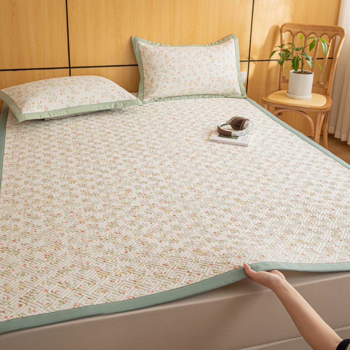 91家纺网 家纺一手货源 找家纺 简宜家居（朝初家纺） 2026新款纯棉老粗布夏季凉席席子 绿萝鸭鸭