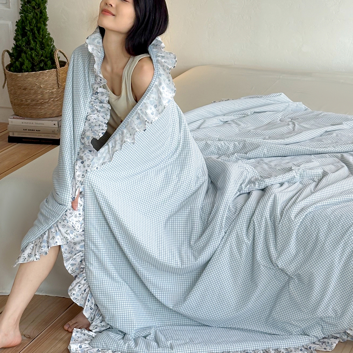 RYB红黄兰 2026新款ins风夏被A类冰皮凉感夏凉被花边空调被 蓝小格