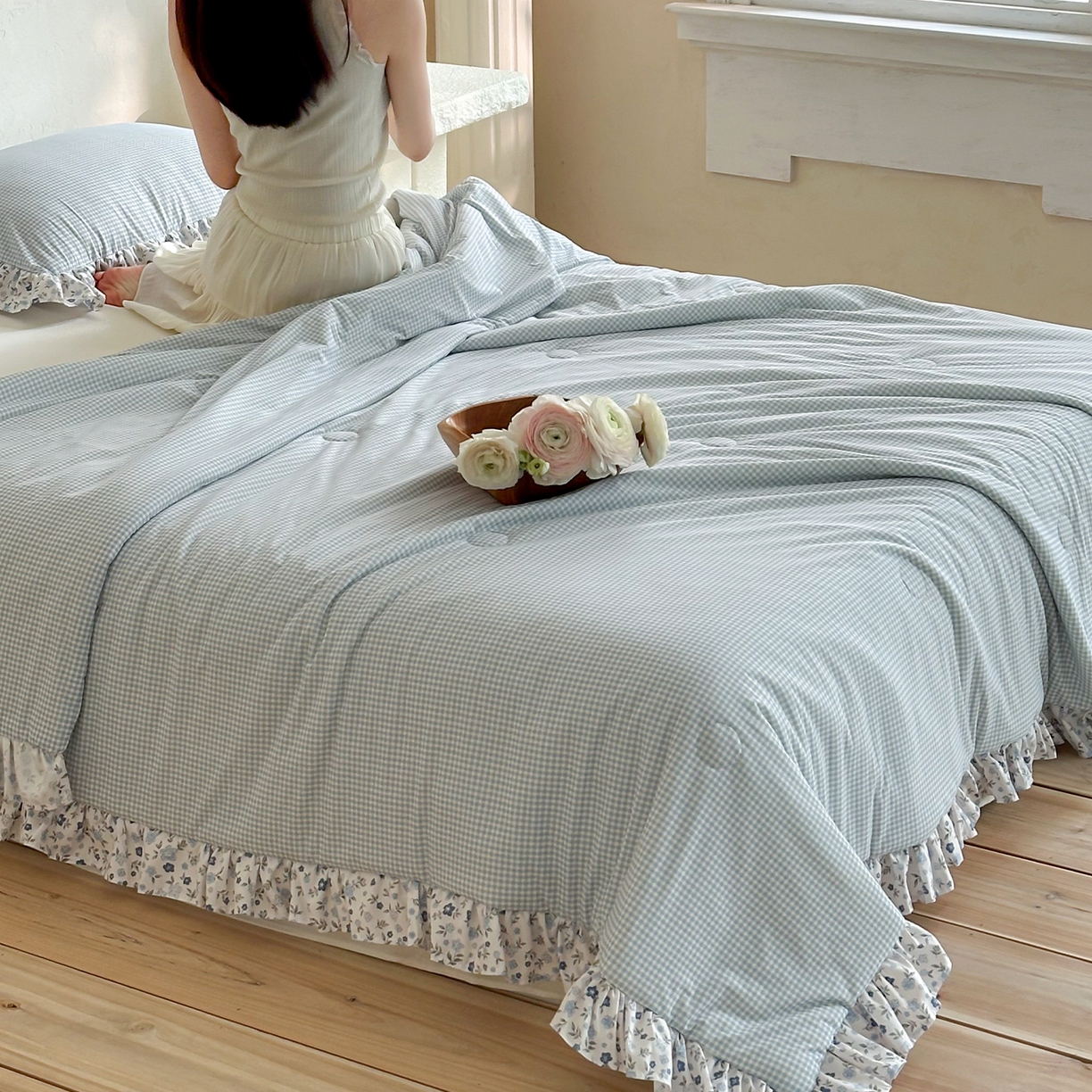 91家纺网 家纺一手货源 找家纺 RYB红黄兰 2026新款ins风夏被A类冰皮凉感夏凉被花边空调被 蓝小格