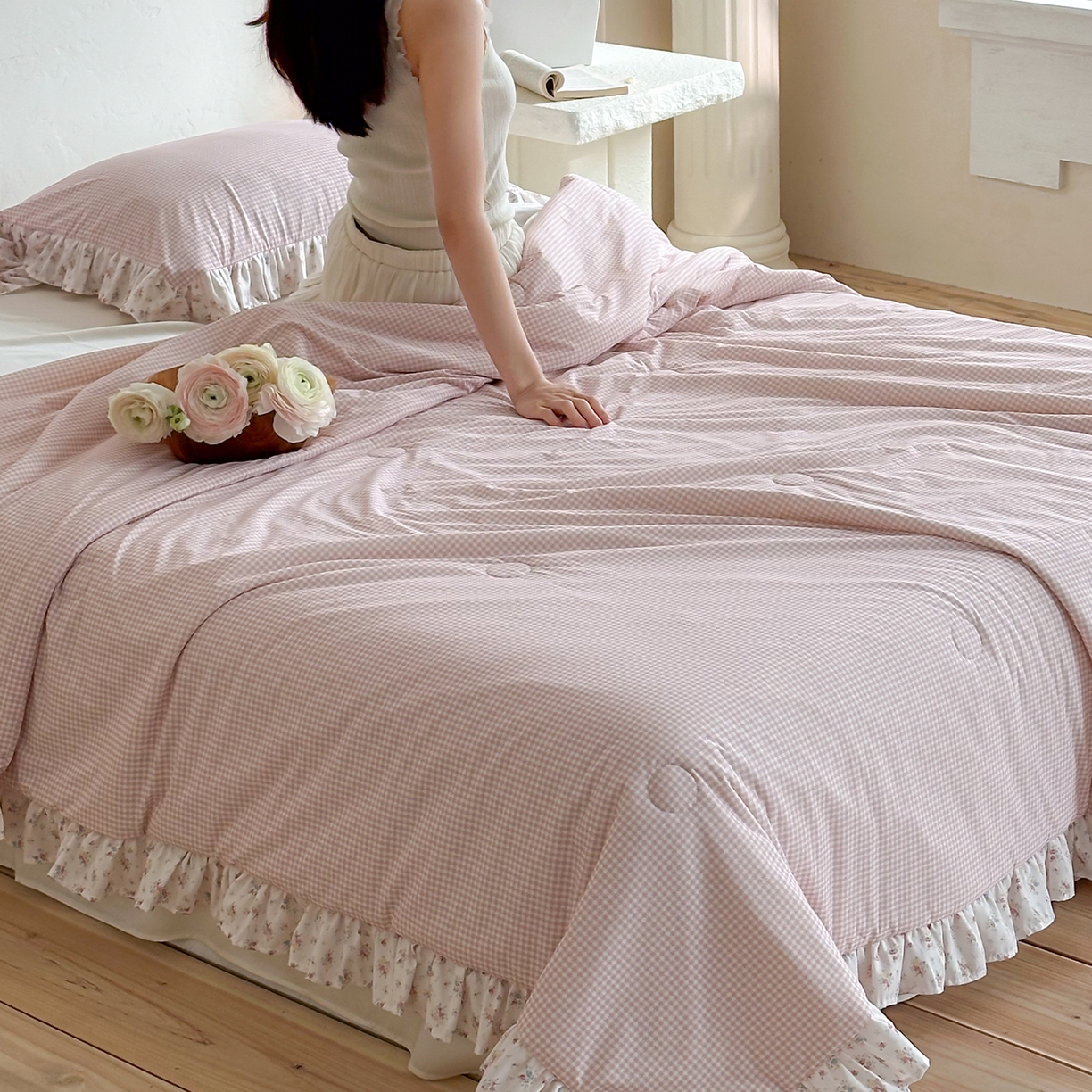 91家纺网 家纺一手货源 找家纺 RYB红黄兰 2026新款ins风夏被A类冰皮凉感夏凉被花边空调被 粉小格