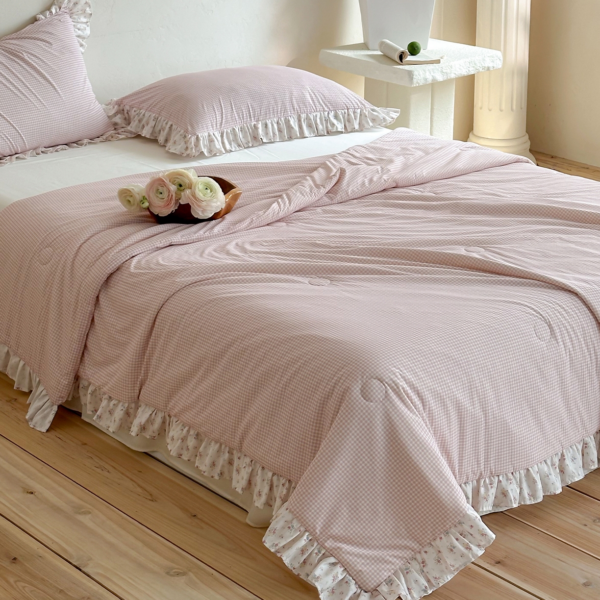 91家纺网 家纺一手货源 找家纺 RYB红黄兰 2026新款ins风夏被A类冰皮凉感夏凉被花边空调被 粉小格