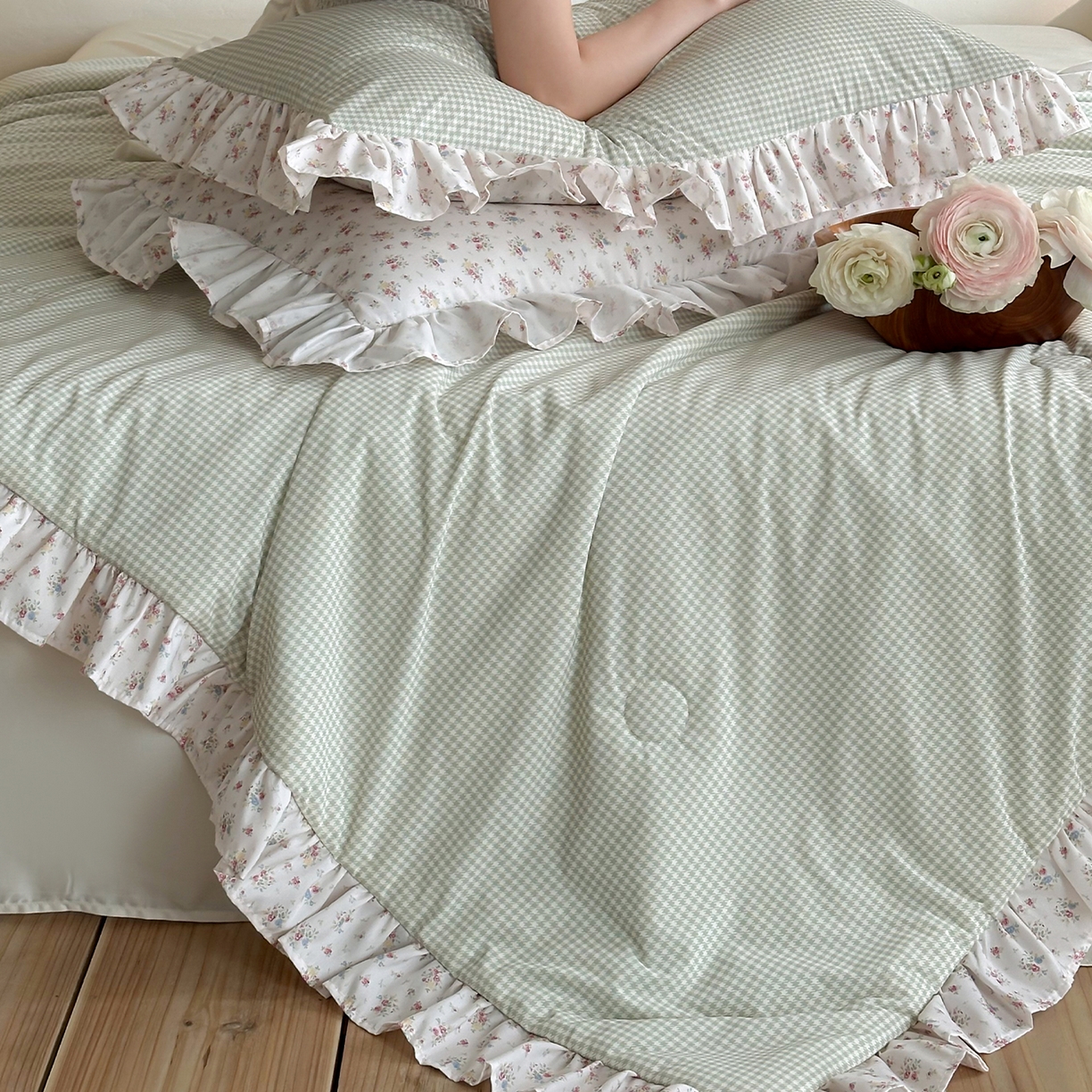 91家纺网 家纺一手货源 找家纺 RYB红黄兰 2026新款ins风夏被A类冰皮凉感夏凉被花边空调被 绿小格